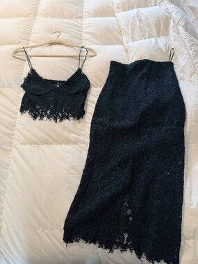 Zara Dark Green Lace Crop Top and Midi Skirt Set
